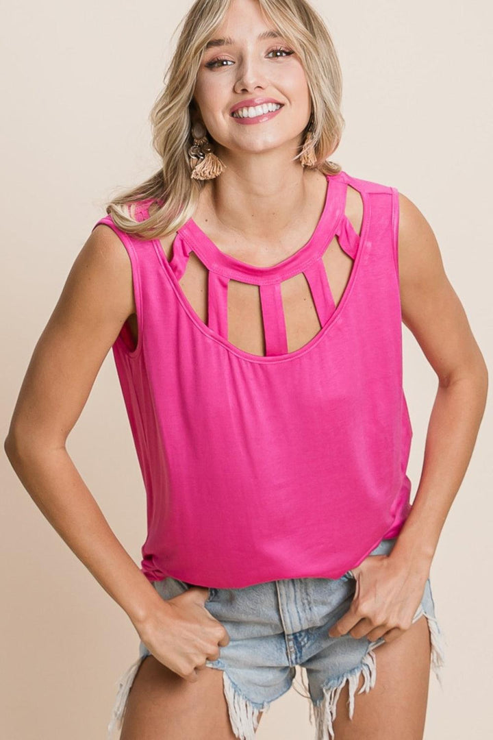 BiBi Cutout Round Neck Sleeveless Top Fuchsia Shirts & Tops