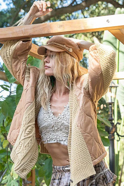 POL Quilting Patch Button Up Cable Knit Jacket Camel Multi - DAVERRI FASHIONS