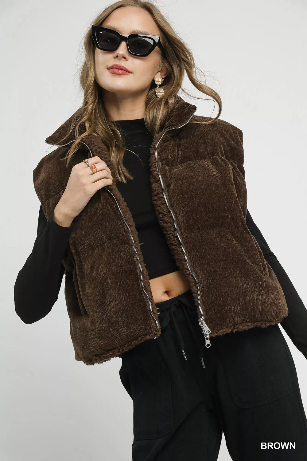 Umgee Sherpa-Lined Zip Vest with Drawstring Hem | Vest Jackets Daverri Fashions