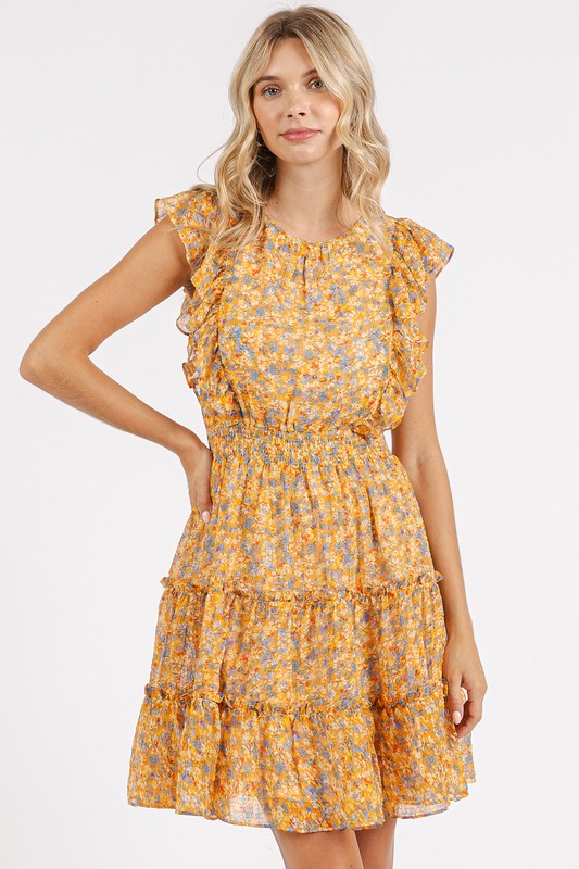 Mittoshop Ditsy Floral Print Ruffle Chiffon Mini Dress Tangerine Mini Dresses