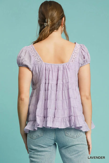 Umgee Textured Square Neck Bow Tie Blouse with Ruffle Hem - DAVERRI FASHIONS