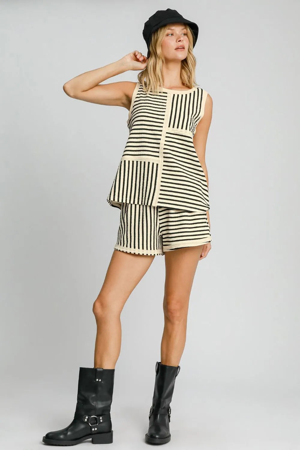Umgee Round Neck Texture Striped Tank Cream | Tank Tops Daverri Fashions