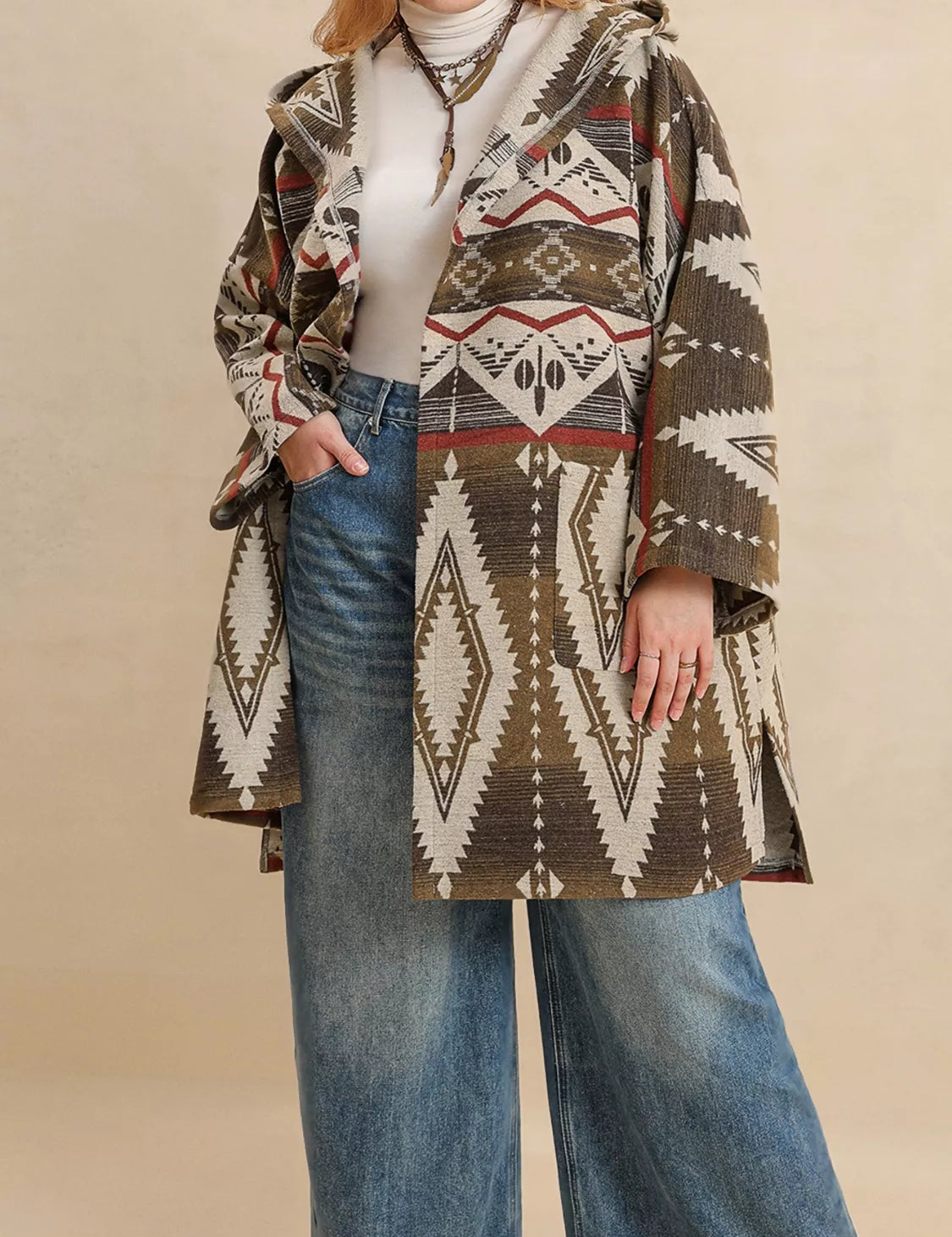 Plus size Aztec print hooded open front cardigan in olive green, white, brown