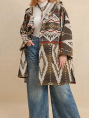 Plus size Aztec print hooded open front cardigan in olive green, white, brown