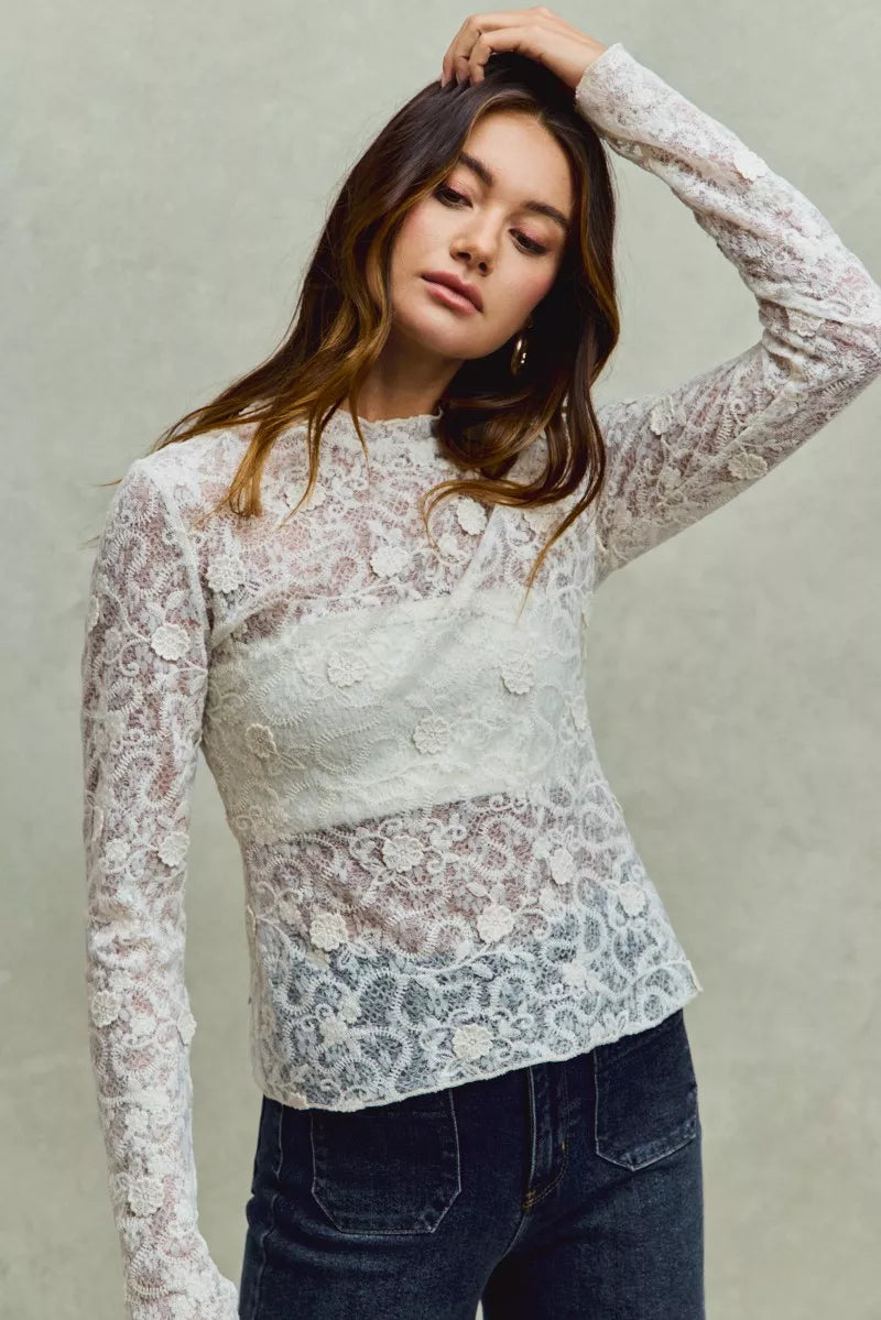 SO ME lace long sleeve 3D effect floral layering top in white