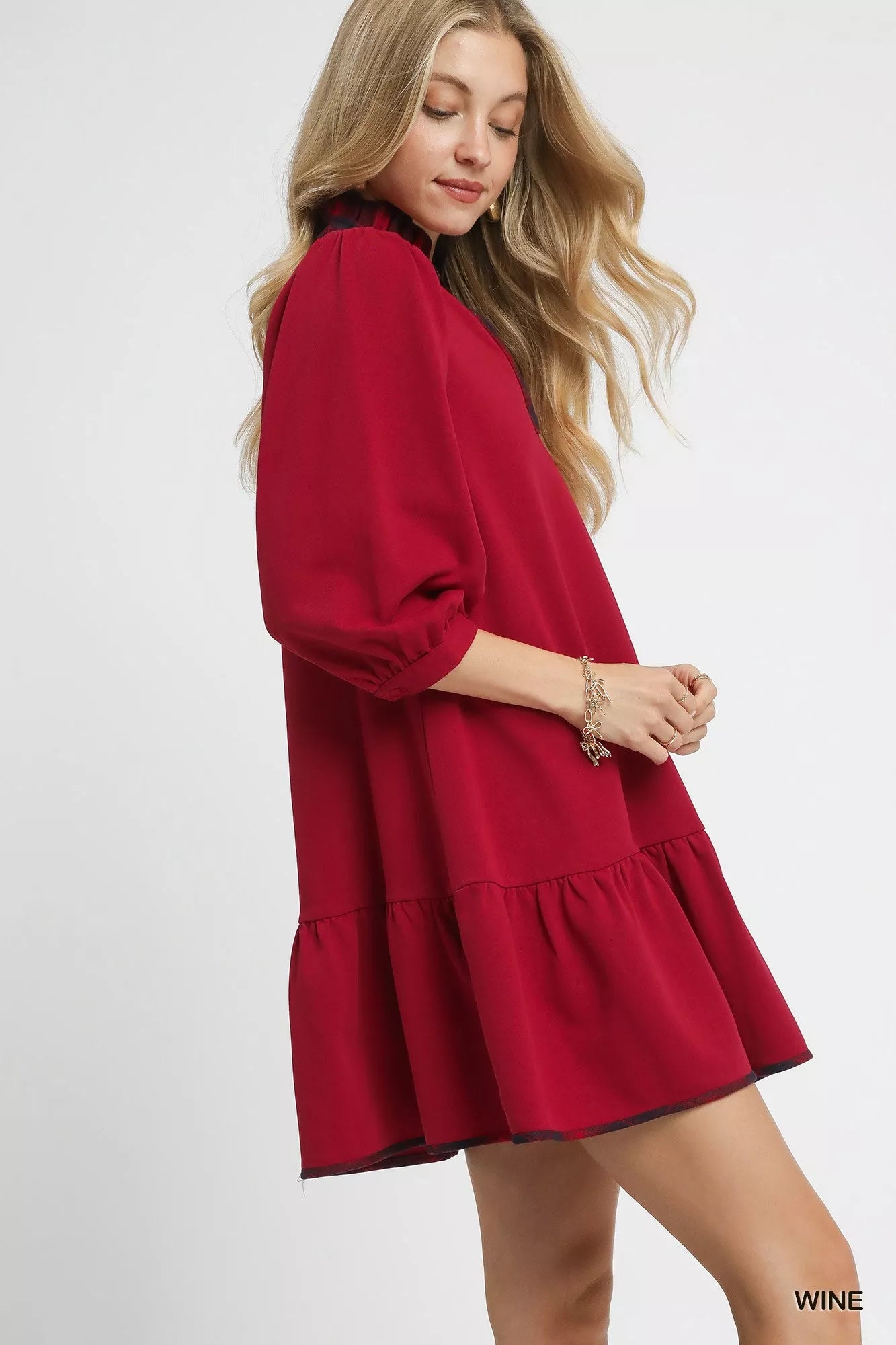 Umgee French Terry Ruffle Hem Dress with Plaid Trim | Mini Dresses Daverri Fashions