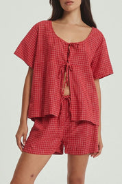 Plaid Tied Scoop Neck Short Sleeve Top and Drawstring Shorts Set | Outfit Sets Daverri Fashions