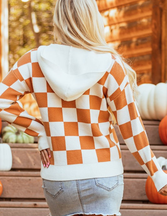 Lila Checkered Kangaroo Pocket Hooded Sweater | Sweaters Daverri Fashions