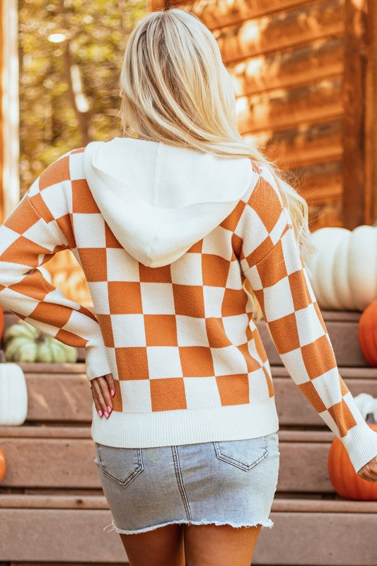 Lila Checkered Kangaroo Pocket Hooded Sweater | Sweaters Daverri Fashions