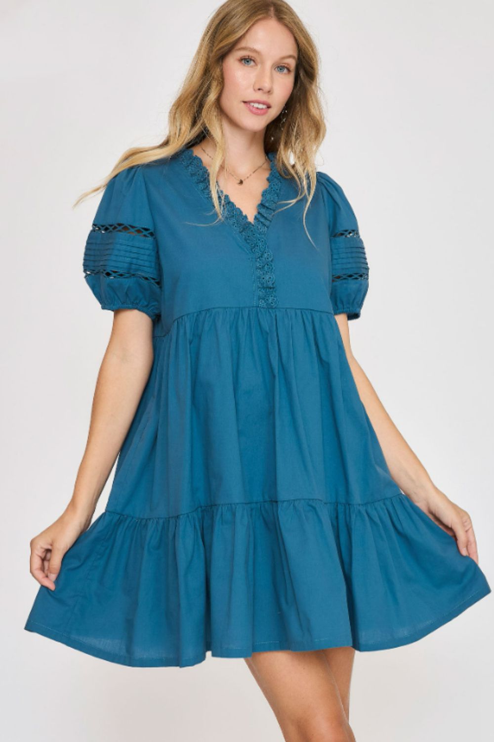 Umgee USA Lace Detail Puff Sleeve Mini Dress Cerulean Mini Dresses