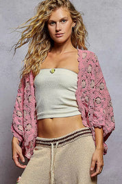 PINK BLUSH One Size POL Openwork V-Neck Chenille Cardigan with Contrast Floral | Cardigans Daverri Fashions