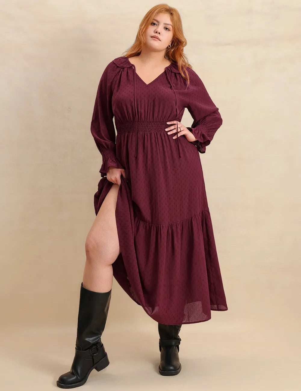 Plus Size Swiss Dot Tie Neck Flounce Sleeve Maxi Dress | Maxi Dresses Daverri Fashions