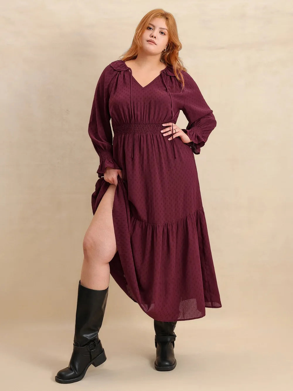 Plus Size Swiss Dot Tie Neck Flounce Sleeve Maxi Dress | Maxi Dresses Daverri Fashions