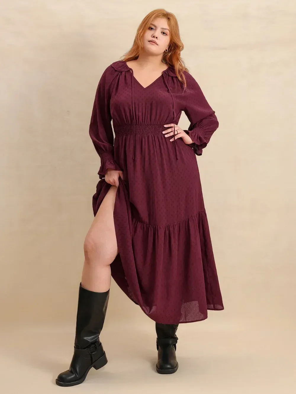 Plus Size Swiss Dot Tie Neck Flounce Sleeve Maxi Dress - DAVERRI FASHIONS