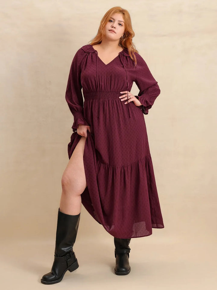 Plus Size Swiss Dot Tie Neck Flounce Sleeve Maxi Dress | Maxi Dresses Daverri Fashions