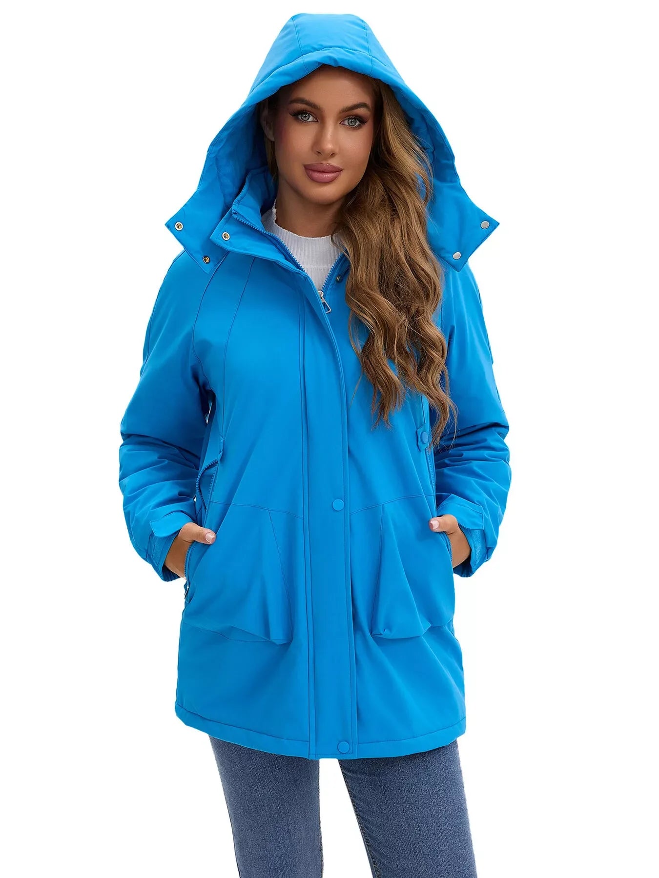 Bright blue Daverri Fashions hooded mid-length windproof parka