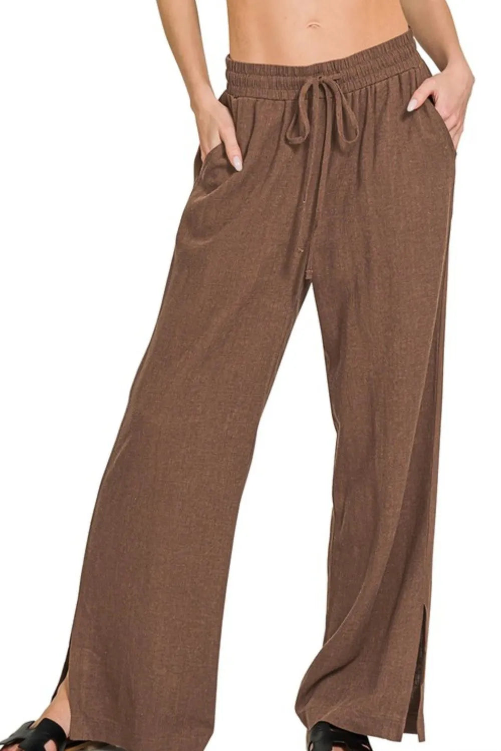 BROWN Zenana Linen Drawstring Pants Brown | Pants Daverri Fashions