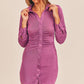 MABLE Front Ruched Button-Down Skinny Mini Shirt Dress - DAVERRI FASHIONS