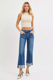 RISEN Mid Rise Ankle Straight Jeans with Cuffed Hem | Jeans Daverri Fashions