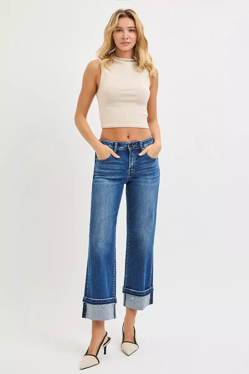 RISEN Mid Rise Ankle Straight Jeans with Cuffed Hem | Daverri Fashions