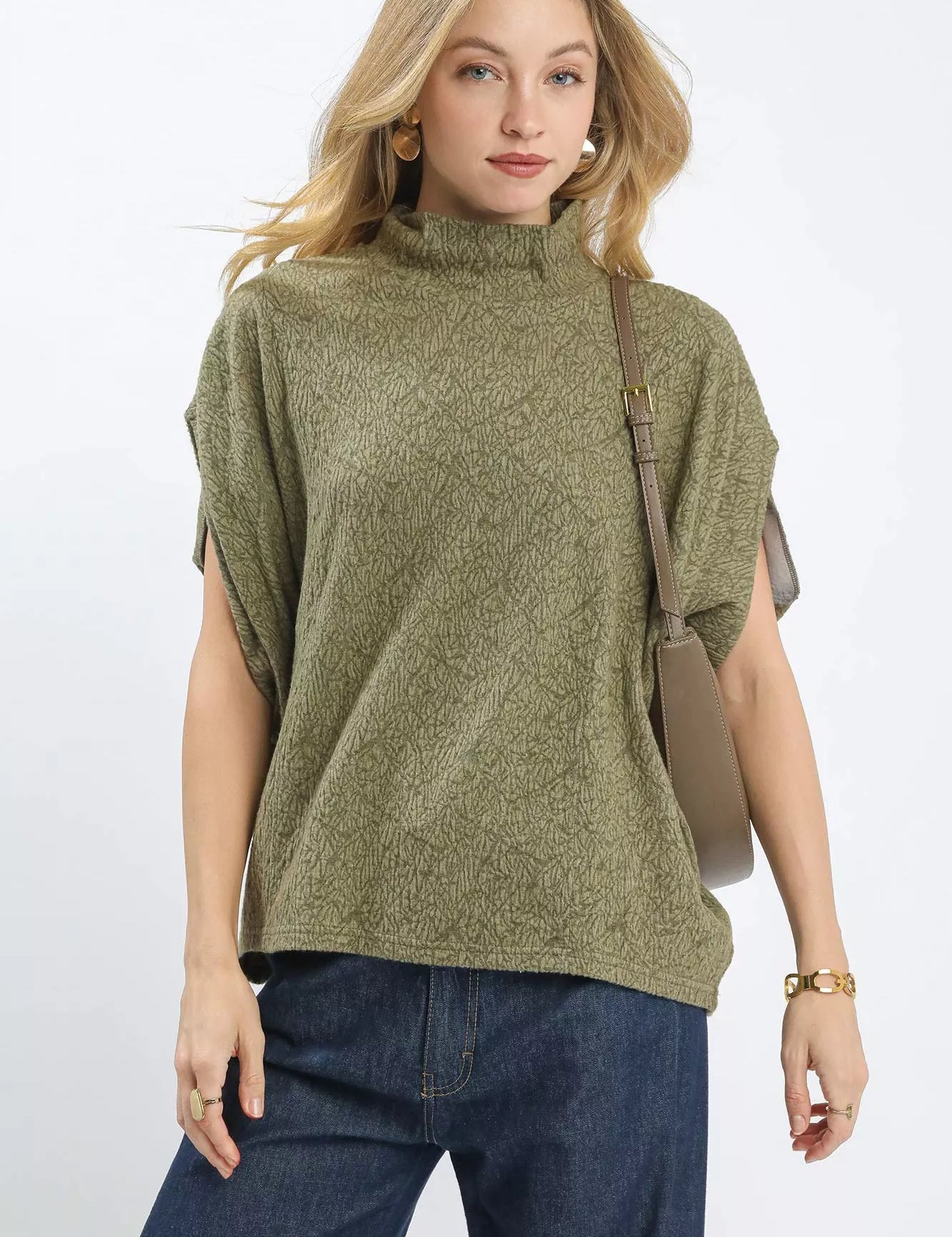 LT. OLIVE Umgee Textured Mock Neck Relaxed Top | Blouses Daverri Fashions