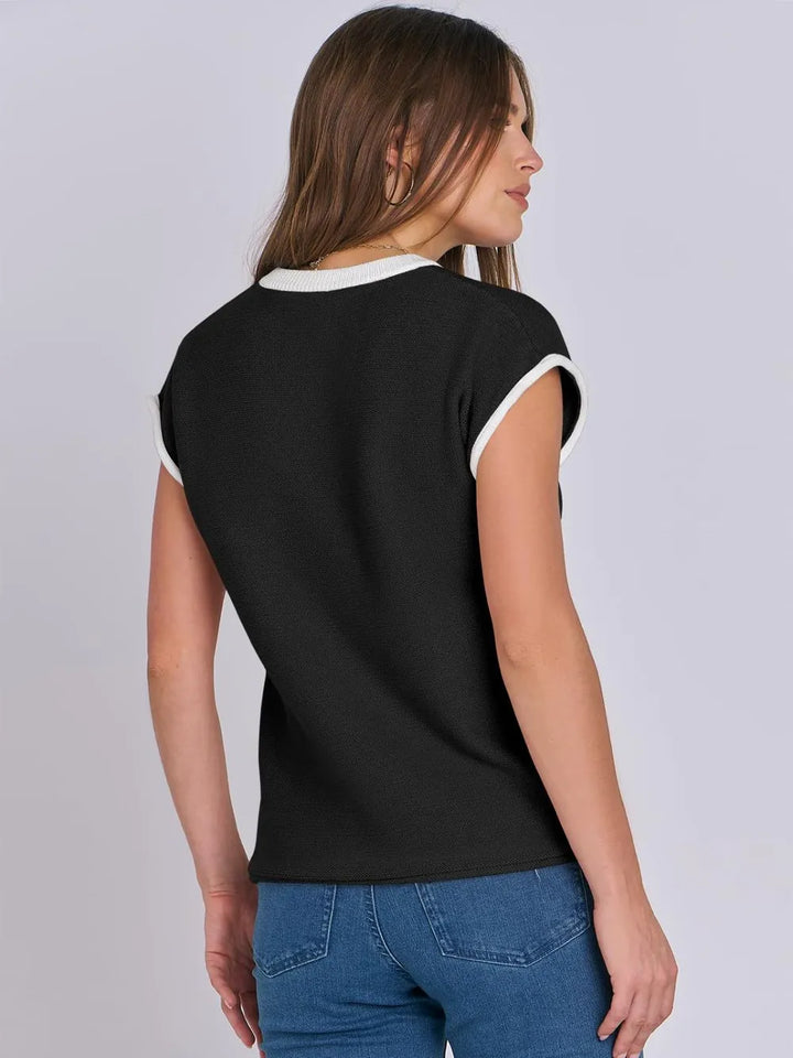 Contrast Round Neck Cap Sleeve Sweater | Sweaters Daverri Fashions