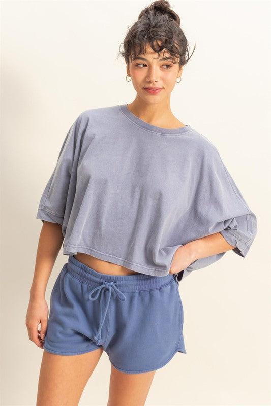 HYFVE Lightweight Round Neck Batwing Sleeve T-Shirt DUSTY INDIGO T-Shirts