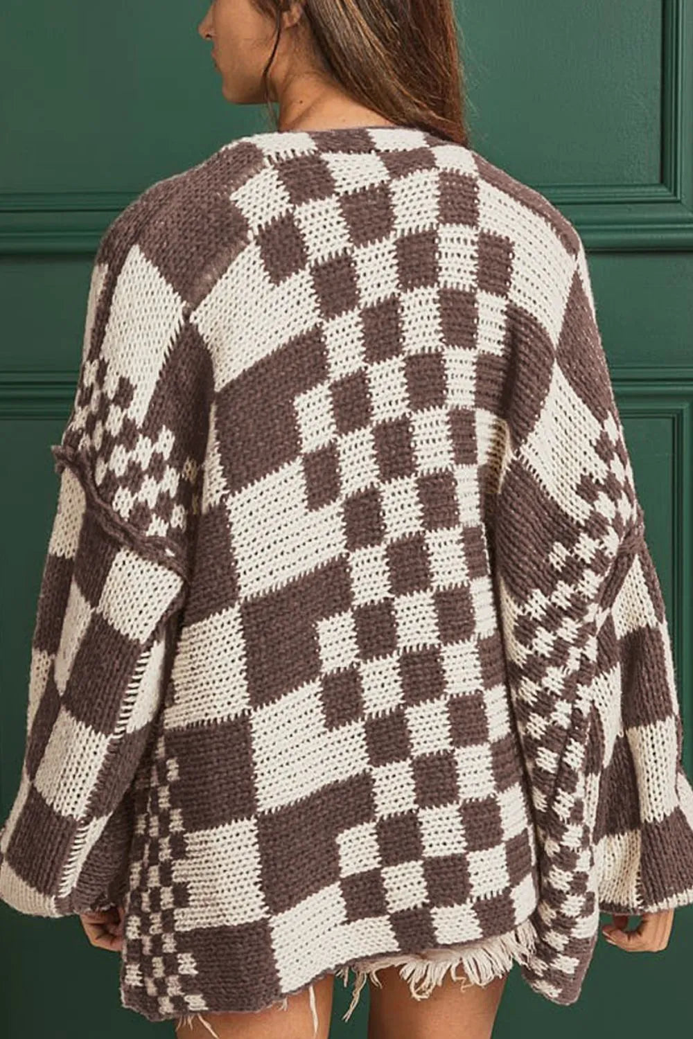 Checkered Open Front Long Sleeve Cardigan | Cardigans Daverri Fashions