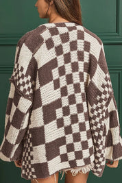 Checkered Open Front Long Sleeve Cardigan | Cardigans Daverri Fashions
