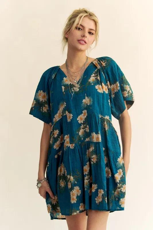 Davi & Dani Floral Print Short Bell Sleeve Pleated Mini Dress | Mini Dresses Daverri Fashions