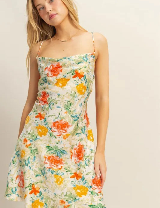 HYFVE Floral Cowl Neck Flirty Satin Mini Dress | Daverri Fashions