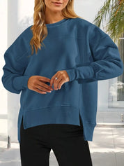 Slit Round Neck Dropped Shoulder Sweatshirt | Sweatshirts Daverri Fashions