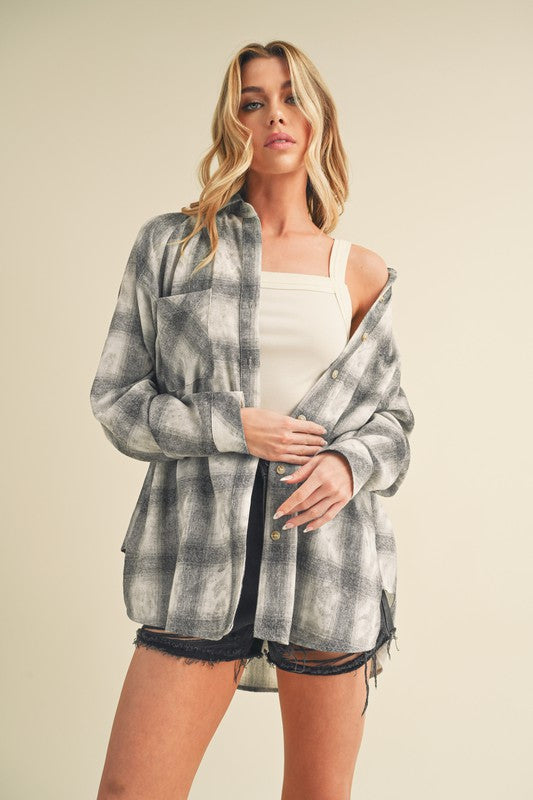 Aemi + Co Washed Plaid Flannel Side Step Hem Shirt