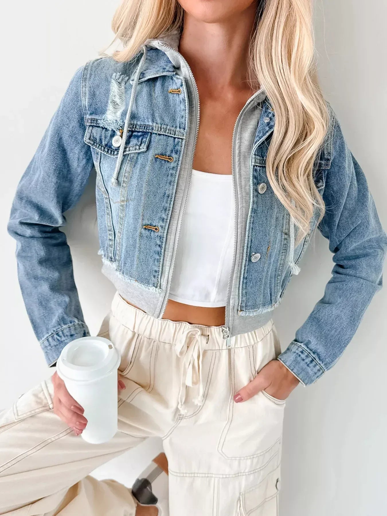 Distressed Zip Up Cropped Hooded Denim Jacket - DAVERRI FASHIONS