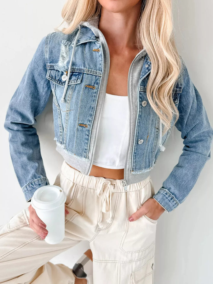 Distressed Zip Up Cropped Hooded Denim Jacket | Denim Jackets Daverri Fashions
