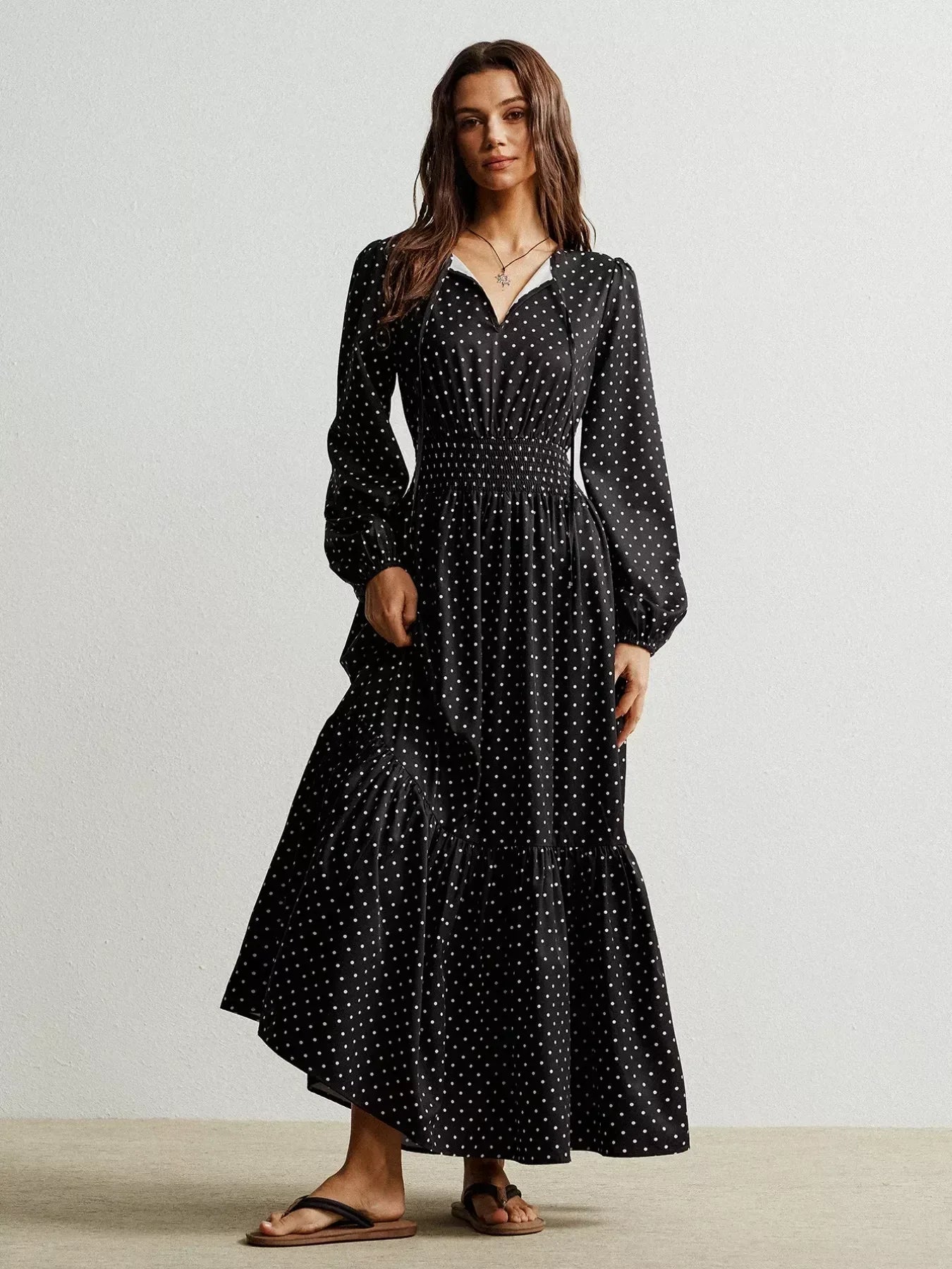Daverri Fashions Polka Dot Long Sleeve Maxi Dress - DAVERRI FASHIONS