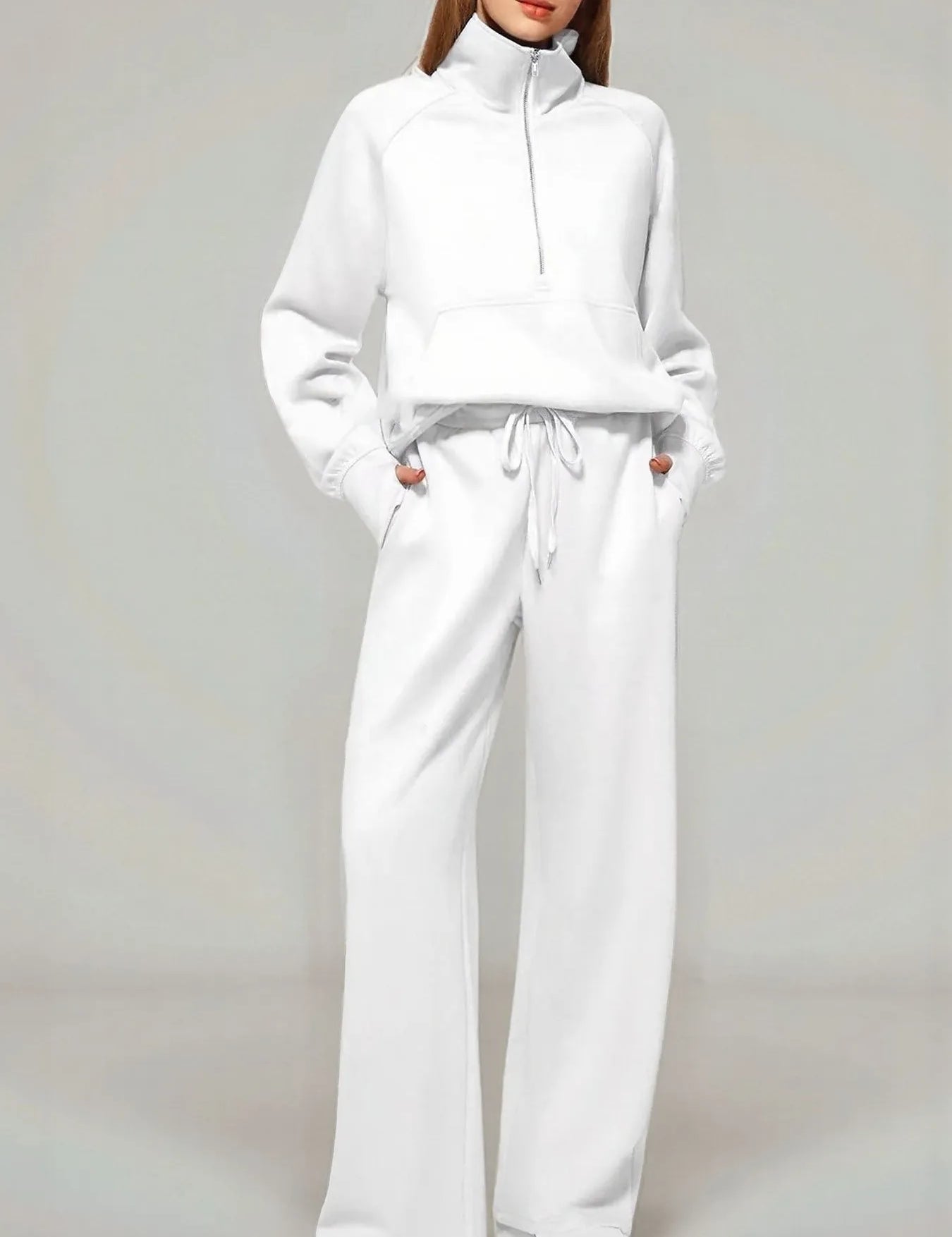 White Half Zip Long Sleeve Top and Pants Set | Loungewear Sets Daverri Fashions