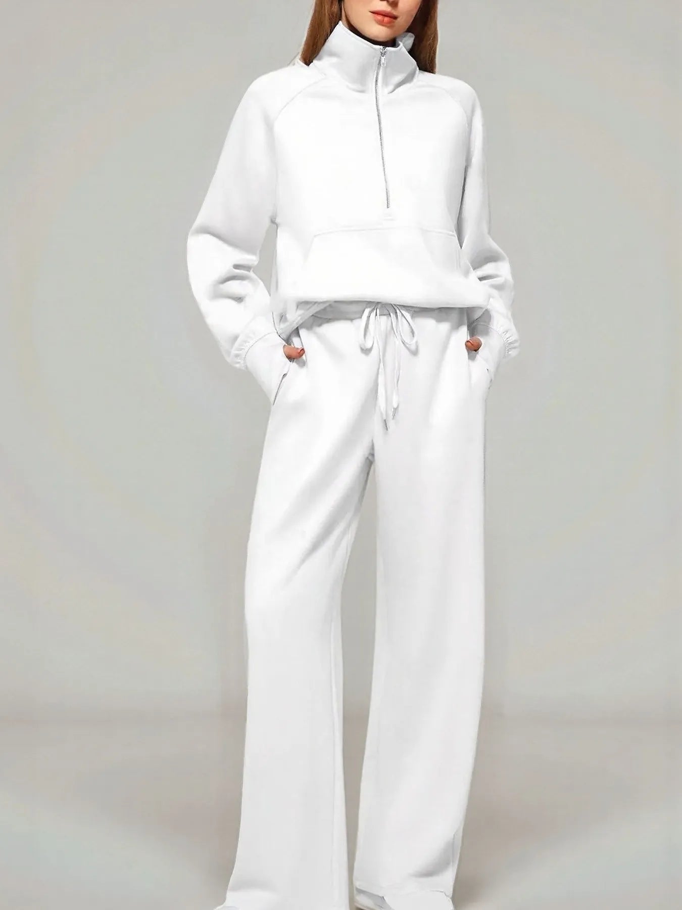 White Half Zip Long Sleeve Top and Pants Set | Loungewear Sets Daverri Fashions
