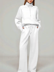 White Half Zip Long Sleeve Top and Pants Set | Loungewear Sets Daverri Fashions