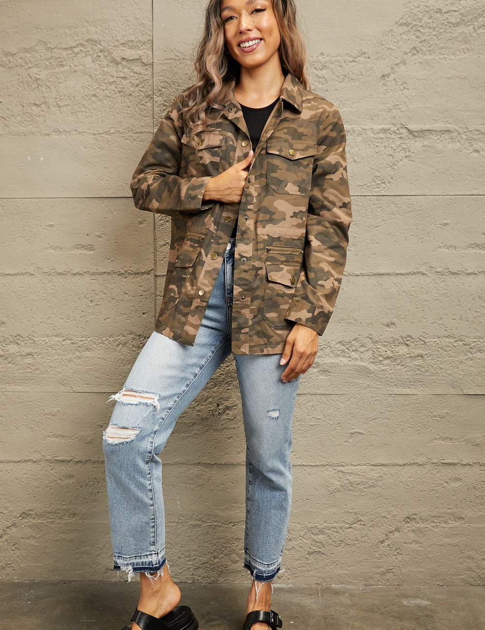 Camouflage Snap Down Jacket | Jackets Daverri Fashions