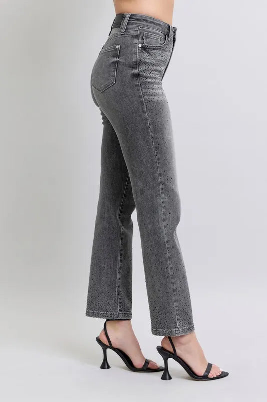 Judy Blue Full Size High Waist Rhinestone Straight Jeans Plus Size | Daverri Fashions