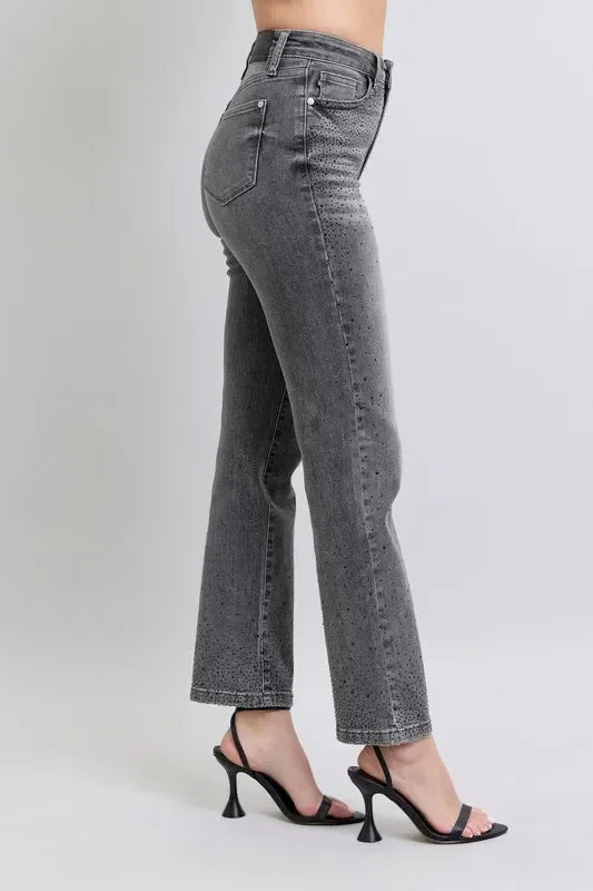 Judy Blue Full Size High Waist Rhinestone Straight Jeans Plus Size - DAVERRI FASHIONS