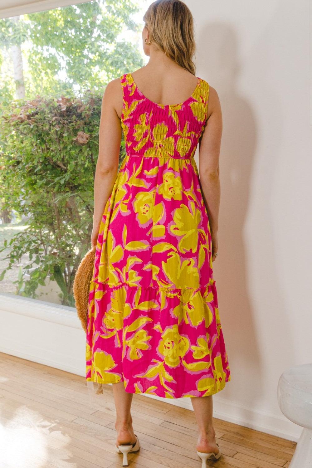 ODDI Full Size Floral Smocked Ruffled Midi Dress Midi Dresses