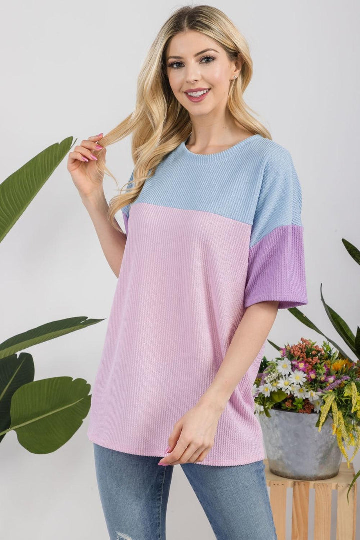 Celeste Full Size Ribbed Color Block T-Shirt Shirts & Tops