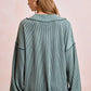 Teal ribbed knit V-neck sweater with relaxed fit and wide sleeves
