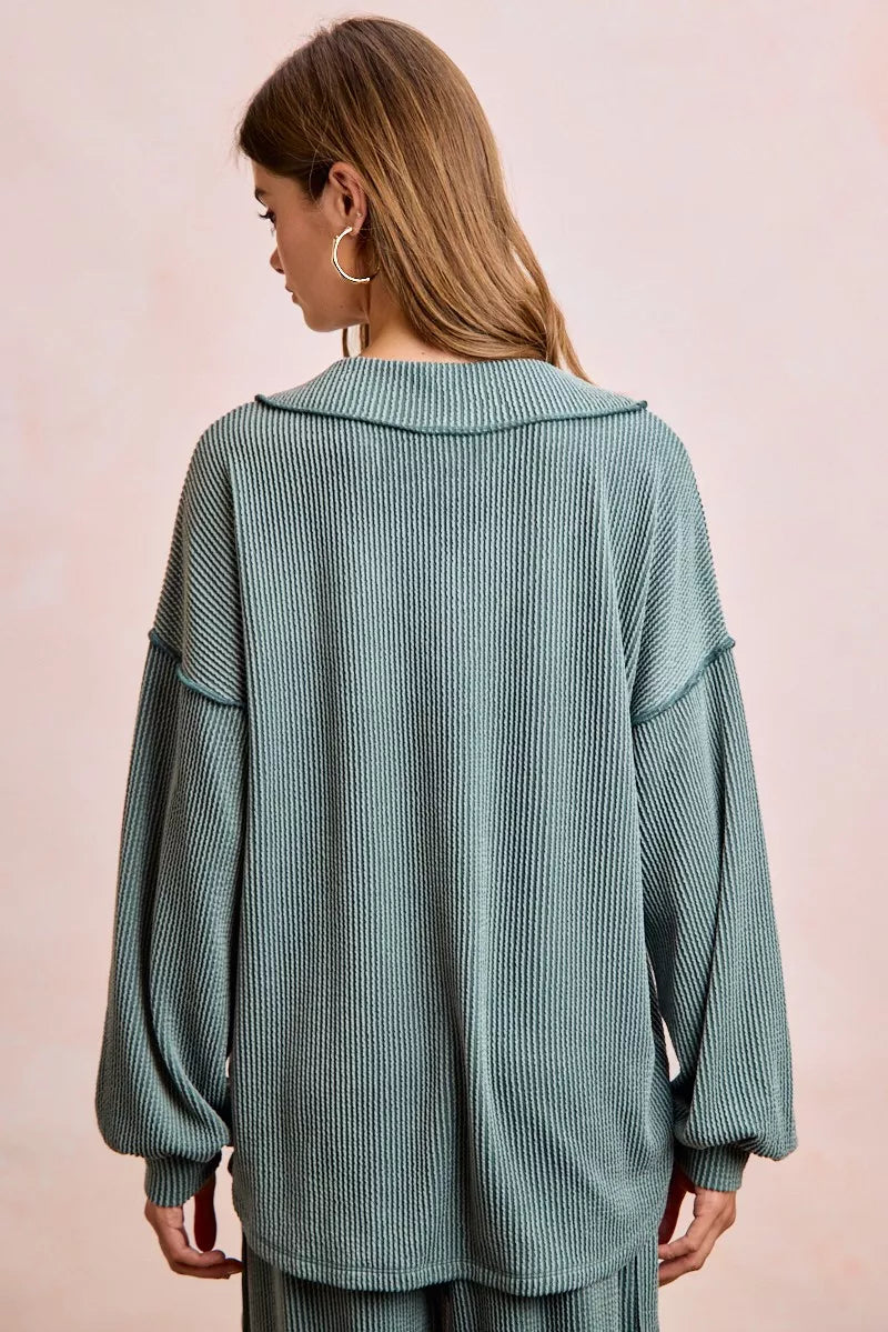Teal ribbed knit V-neck sweater with relaxed fit and wide sleeves