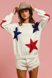 IVORY BiBi Velvet Sequin Star Patches Sweater Top | Sweaters Daverri Fashions