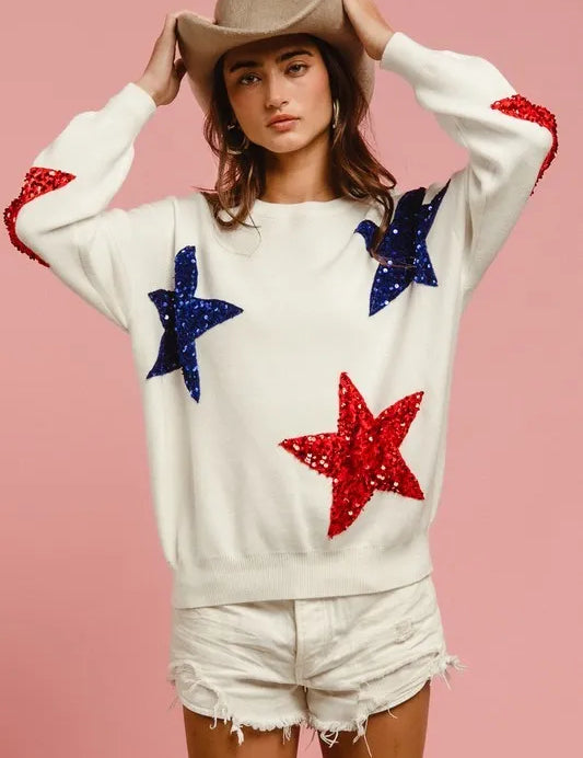 IVORY BiBi Velvet Sequin Star Patches Sweater Top | Sweaters Daverri Fashions