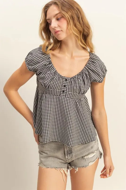HYFVE Gingham Scoop Neck Cap Sleeve Blouse BLACK M