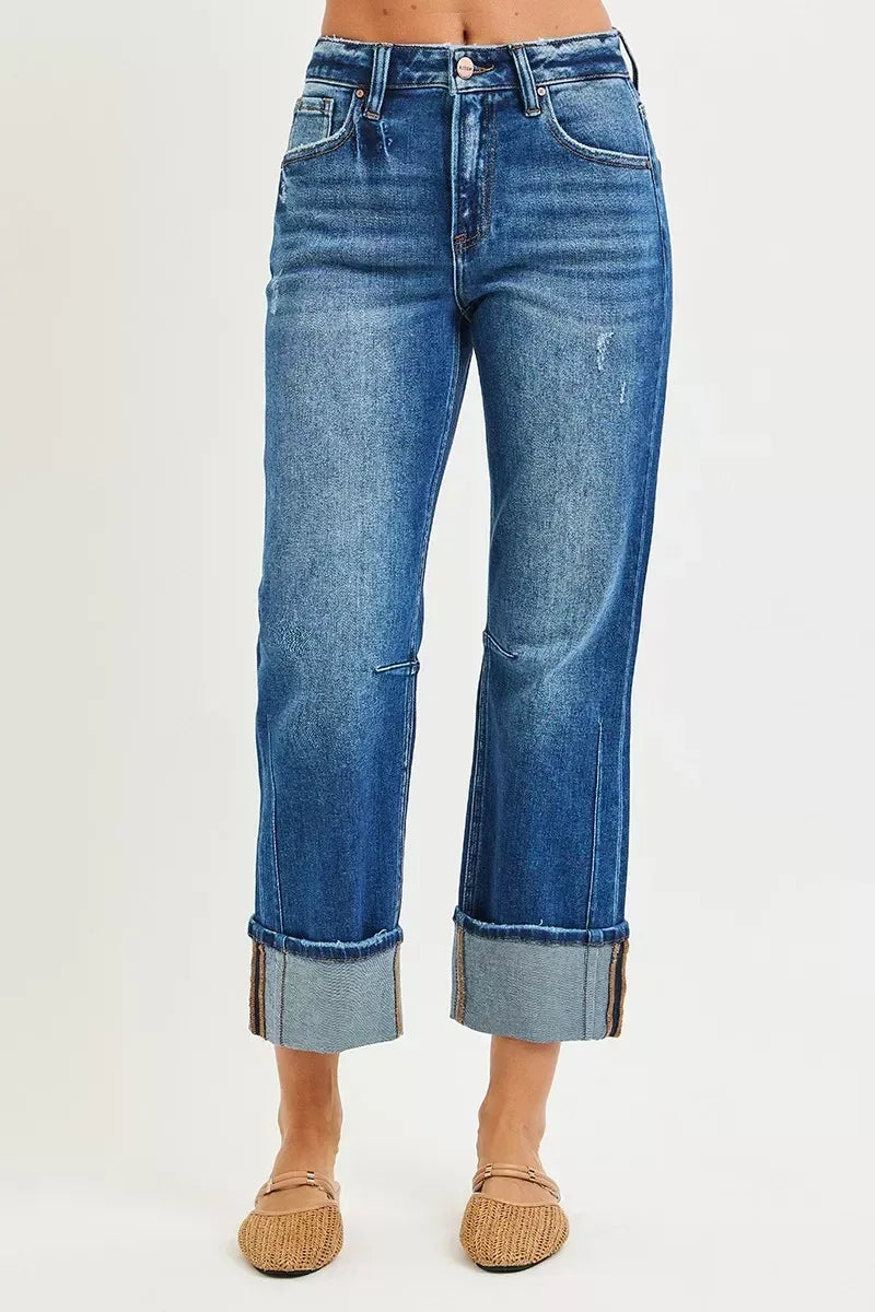 RISEN High Rise Straight Jeans with Distressed Hem - DAVERRI FASHIONS